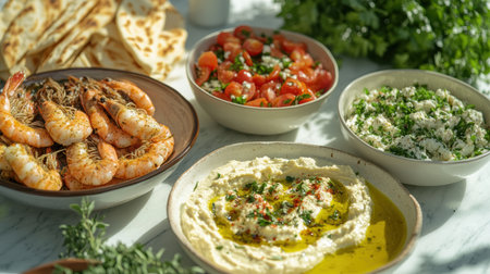 Bowls of hummus with prawns, tomatoes, parsley and olive oil.の素材