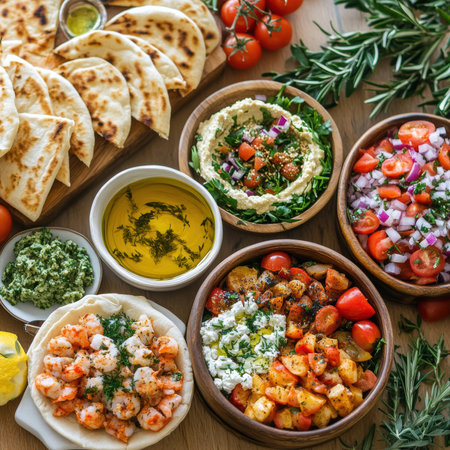 Traditional arabic food with prawns, hummus, pita bread and vegetablesの素材