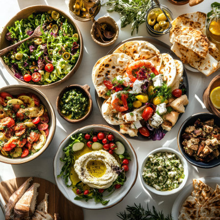 Variety of Greek appetizers on white table, top view.の素材