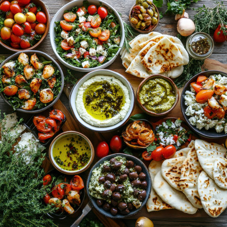 Greek food on rustic wooden background, top view. Healthy eating conceptの素材