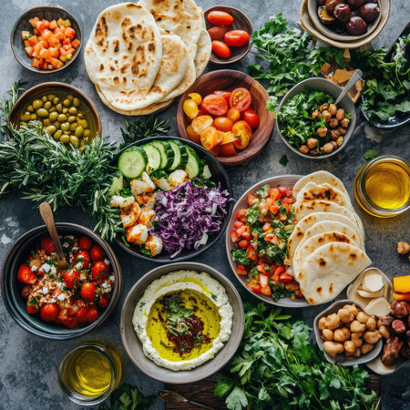 Healthy food background. Vegetarian salad with hummus, chickpeas, tomatoes, cucumbers, olives, herbs and olive oil.の素材