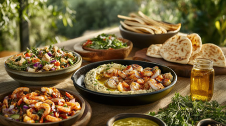 Traditional mexican prawns with hummus and nachosの素材