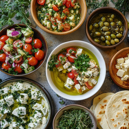 Greek salad with feta cheese, olives, tomatoes and herbsの素材