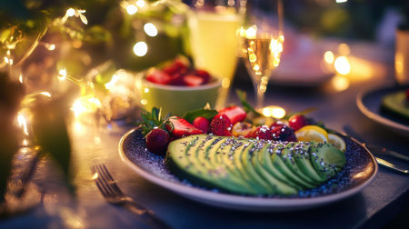 Fruit salad with avocado, strawberry, lemon and mint on the festive tableの素材