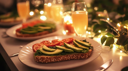 Sandwiches with avocado and tomatoes on a white plate on a festive tableの素材