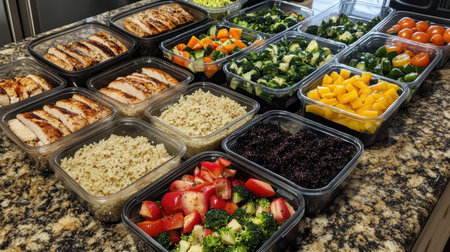 Healthy food in plastic containers on granite countertop, closeupの素材