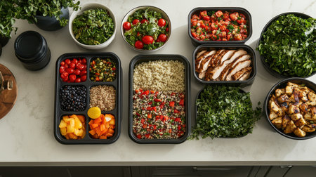 Healthy food in plastic containers on kitchen countertop, top viewの素材