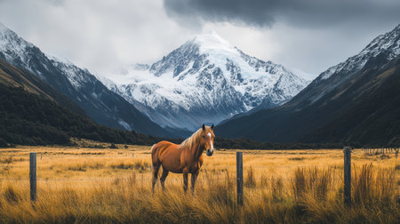 Horse in the field at Mount Cook National Park, New Zealandの素材