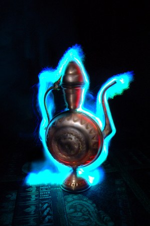 copper pitcher illuminated with light paintingの写真素材