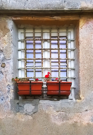 old window with flower pots.の写真素材