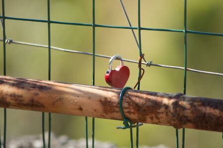 red heart-shaped padlock hanging on a railingの写真素材