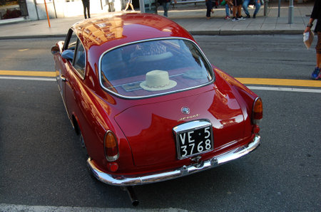single vintage car on display in the city in Italyの写真素材