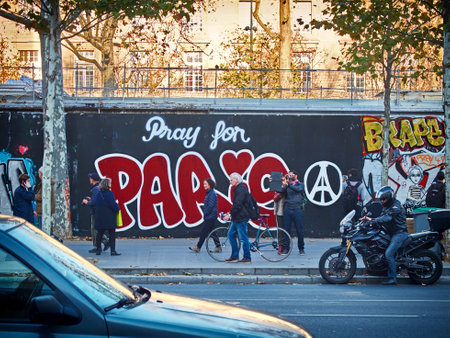 Paris, France-November 15, 2015: Pray for Paris inscription on the fence at the Republic Squareのeditorial素材