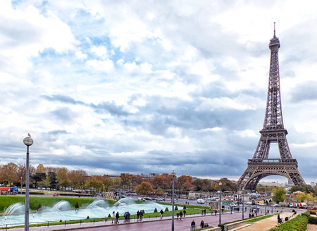 Paris, France-November 13, 2015: Paris cityscape with Eiffel tower in Paris, France. It is an iron tower named after engineer Gustave Eiffel, popular tourist attraction.のeditorial素材