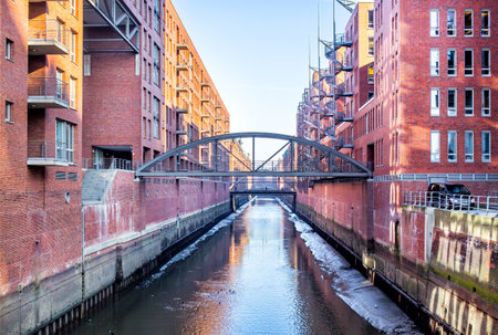 Hamburg, Germany - FEBRUARY14, 2017: view of historical Hamburg city canal and red brick buildingsのeditorial素材