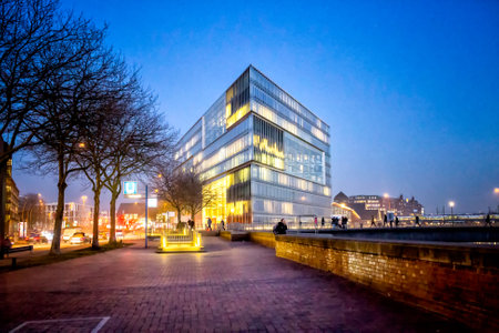 Hamburg, Germany - FEBRUARY 15, 2017: Night view of Hamburg city modern office buildingのeditorial素材