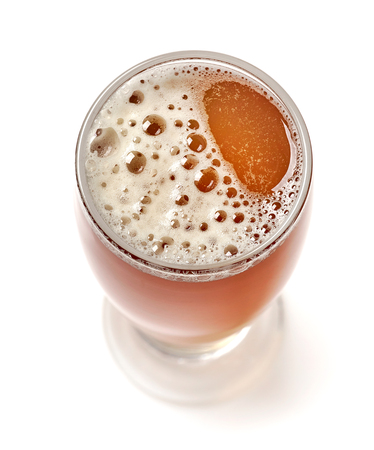 glass of beer isolated on white background, top viewの写真素材