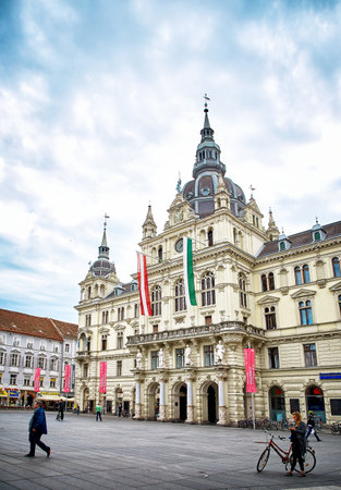 Graz, Austria - MAY 7, 2017: View of Graz Town Hall and Hauptplatzのeditorial素材