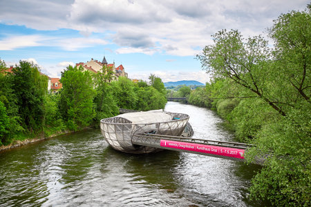 Graz, Austria - MAY 7, 2017: The Murinsel bridge in Graz old townのeditorial素材
