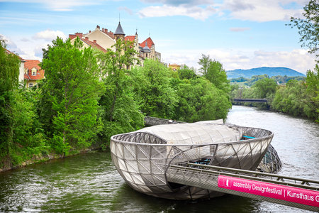 Graz, Austria - MAY 7, 2017: The Murinsel bridge in Graz old townのeditorial素材