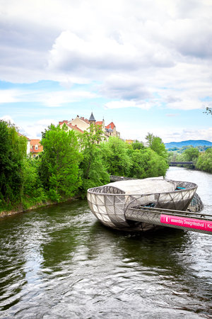Graz, Austria - MAY 7, 2017: The Murinsel bridge in Graz old townのeditorial素材
