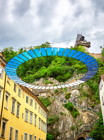 Graz, Austria - MAY 7, 2017: View of the Schlossbergplatz square in austrian Graz which is connected...