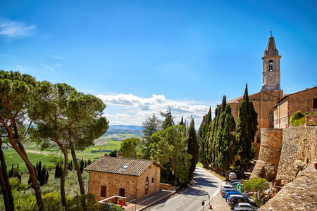 Pienza, Italy - MAY 5, 2017: View of the city walls of Pienza, a beautiful town in the Val d'Orcia region, province of Sienaのeditorial素材
