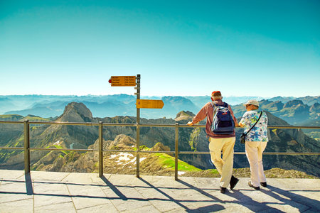 Saentis, Switzerland - JULY 17, 2017: Travelers enjoying Alpine panorama, Swiss Alps landscape, Saentis Mountain - Alpsteinのeditorial素材