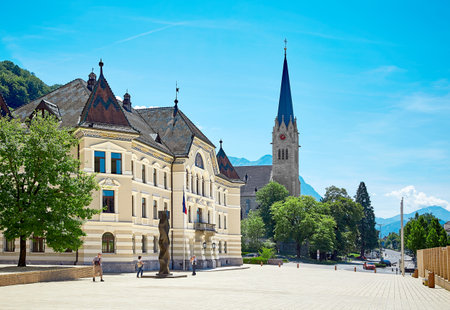 Vaduz, Liechtenstein - JULY 17, 2017: Old building of parliament and cathedral in Vaduz townのeditorial素材