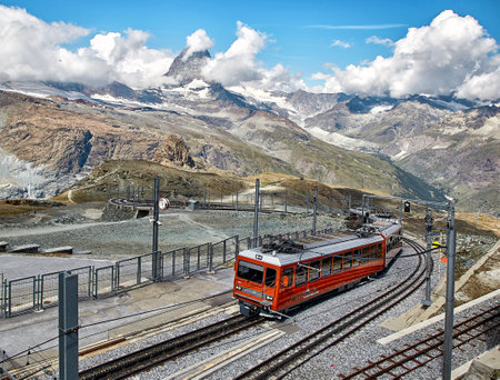 Gornergrat Zermatt, Switzerland - 18 JULY, 2017: Gornergrat Zermatt. Landscape of Matterhorn mountain with railway, swiss Alpsのeditorial素材