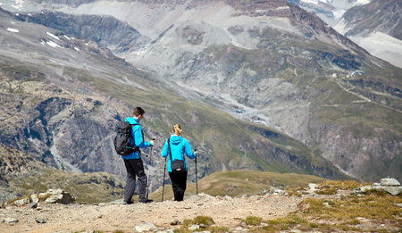 Gornergrat Zermatt, Switzerland - 18 JULY, 2017: Tourists walk along the mountain trails, swiss Alpsのeditorial素材