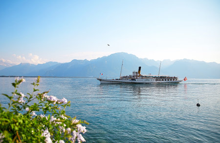 Geneva lake Embankment, excursion ship, Montreux, Switzerlandのeditorial素材