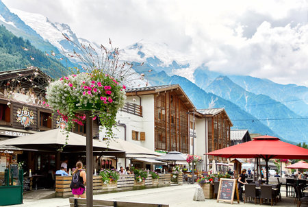 Chamonix, France - JULY 19, 2017: View of Chamonix houses and Mont Blanc Massif, French Alpsのeditorial素材