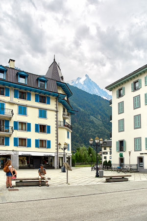 Chamonix, France - JULY 19, 2017: View of Chamonix town and Mont Blanc Massif, French Alpsのeditorial素材