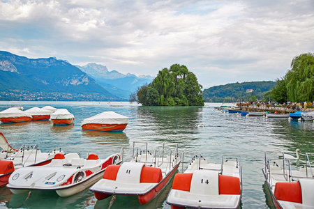 Annecy, France - JULY 19, 2017: Panoramic view of Lake Annecy in France. Lake Annecy is a perialpine lake in Haute Savoie in France. It is the third largest lake in France.のeditorial素材