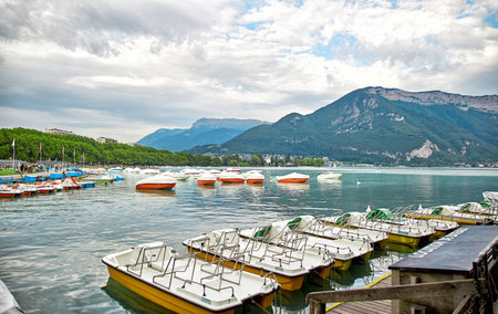 Annecy, France - JULY 19, 2017: Panoramic view of Lake Annecy in France. Lake Annecy is a perialpine lake in Haute Savoie in France. It is the third largest lake in France.のeditorial素材