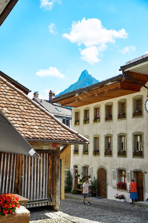 Gruyere, Switzerland - JULY 20, 2017: Street view of Old Town Gruyereのeditorial素材