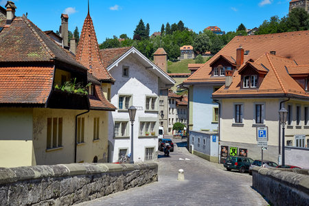 Fribourg, Switzerland - JULY 20, 2017: Street view of OLD Town Fribourg and Milieu bridge