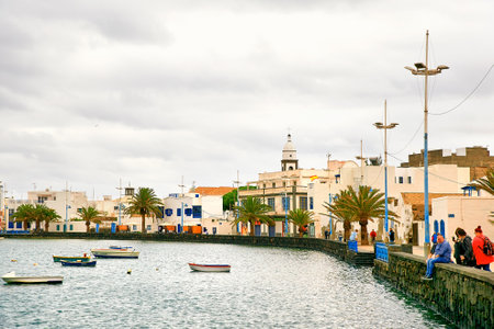Arrecife, SPAIN - DECEMBER 1, 2017: Fishing boats in the laguna "Charco de San Gines" at Arrecife, Spanish port city on the island of Lanzarote. Canary Islandsのeditorial素材