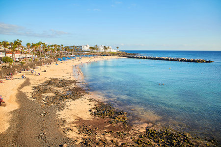 Lanzarote, Spain - December 03, 2018: Panoramic view of Playa Blanca, Beautiful landscape of Lanzarote Island, Canariesのeditorial素材