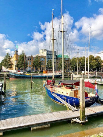 Rotterdam, Netherlands - SEPTEMBER 30, 2018: historic sailing ships in Veerhaven inner harbour, one of the loveliest and most romantic spots of Rotterdamのeditorial素材