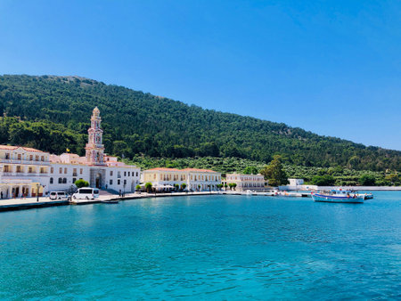 Symi, Greece - MAY 13, 2019: Panoramic view of Symi island and Panormitis Monastery, Greeceのeditorial素材