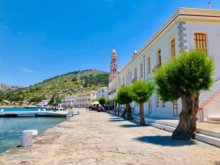 Symi, Greece - MAY 13, 2019: Panoramic view of Symi island and Panormitis Monastery, Greeceのeditorial素材