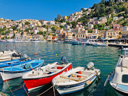 Simi island, Greece - MAY 13, 2019: beautiful view of boats and colorful houses on rocks on Greek island Simi (Symi), Dodecanesseのeditorial素材