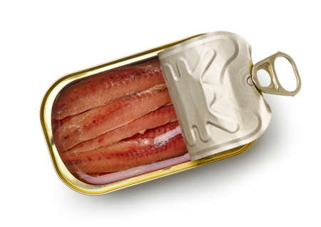canned anchovy fillets isolated on white background, top viewの写真素材