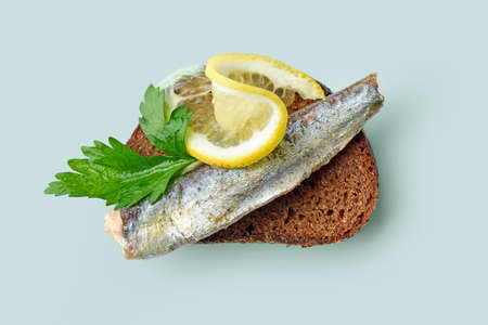 canned sardine on bread slice isolated on blue background, top viewの写真素材