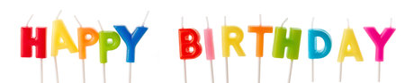 words happy birthday made of anniversary candles isolated on white backgroundの写真素材
