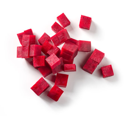 beetroot cubes isolated on white background, top viewの写真素材