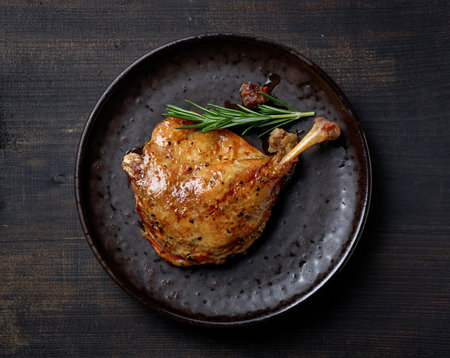 plate of duck leg confit on black table, top viewの写真素材