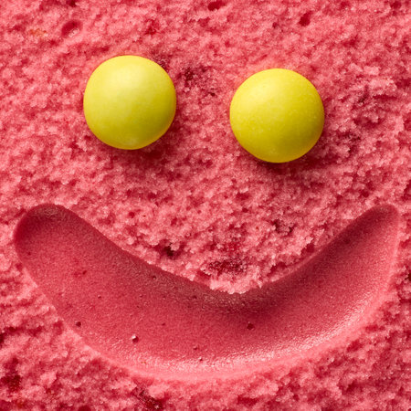funny smiling ice cream face, raspberry sorbet and yellow round candies, top view